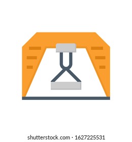 Gantry crane icon also called  overhead crane or bridge crane. Included movable hoist and hook running overhead along a rail or beam. Gantry crane working and lifting concrete cement product. 
