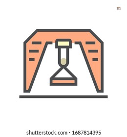 Gantry crane icon also called  overhead crane or bridge crane. Included movable hoist and hook running overhead along a rail or beam. Gantry crane lifting concrete cement product. 64x64 pixel icon.