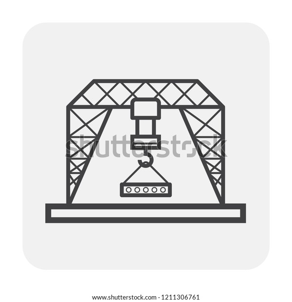 Gantry crane icon also called  overhead crane or\
bridge crane. Included movable hoist and hook running overhead\
along a rail or beam. Gantry crane working and lifting concrete\
cement product.
