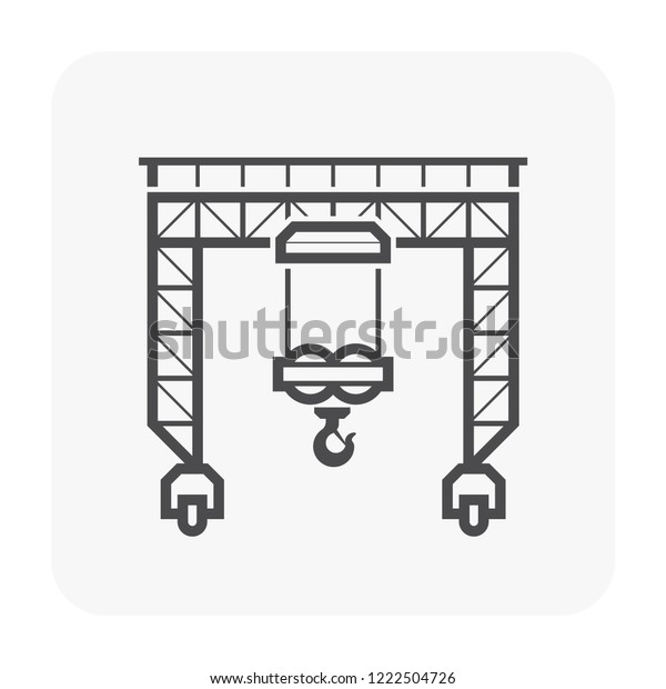 Gantry crane icon also called  overhead crane or\
bridge crane. Included movable hoist and hook running overhead\
along a rail or beam. Heavy lifting equipment for cargo container\
at port or harbour.
