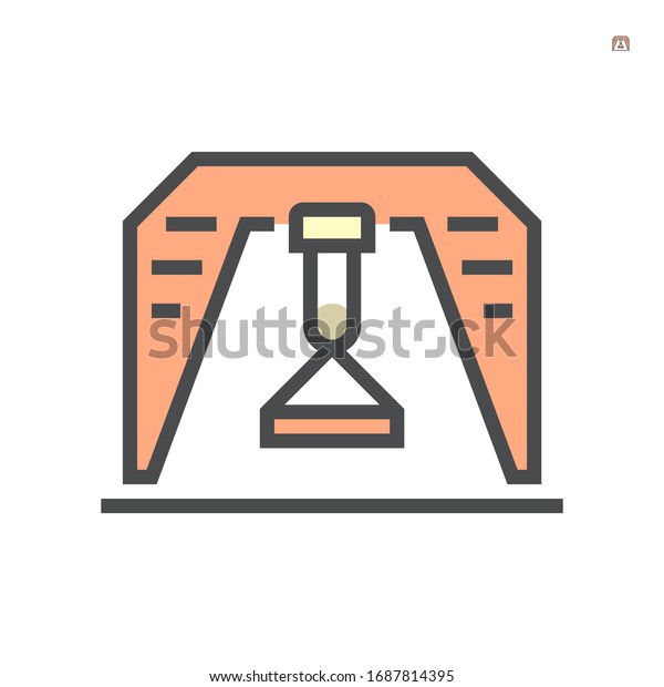 Gantry crane icon also called  overhead crane or\
bridge crane. Included movable hoist and hook running overhead\
along a rail or beam. Gantry crane lifting concrete cement product.\
64x64 pixel icon.