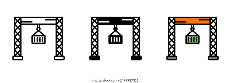 Gantry Crane icon, Large overhead crane used for lifting and transporting heavy loads across large distances in industrial settings.