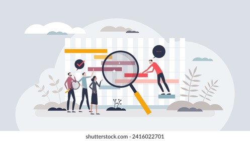 Diagrama de Gantt como concepto de persona diminuta del marco de administración del tiempo efectivo. Programación de procesos de negocio con ilustración vectorial de representación de flujo de trabajo y escala de tiempo. Planificación y supervisión de los progresos.