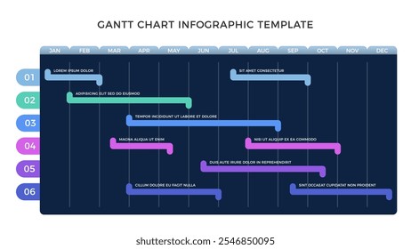 Gantt chart infographic template, project timeline with 6 tasks, dark background, vector eps10 illustration