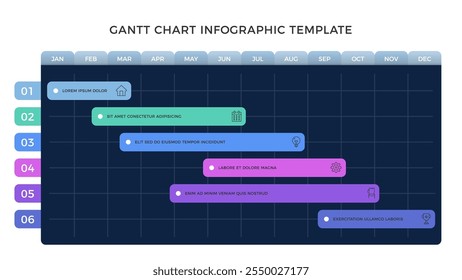 Gantt chart infographic template, project timeline with 6 tasks, dark background, vector eps10 illustration