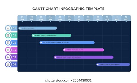 Gantt chart infographic template, project timeline with 6 tasks, dark background, vector eps10 illustration