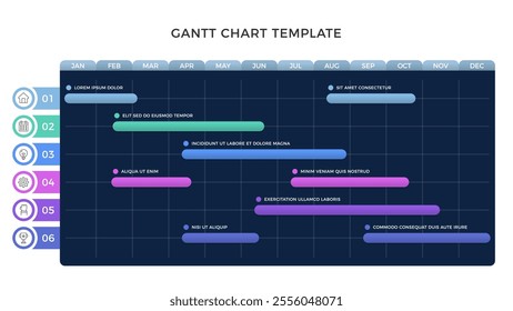 Gantt chart infographic template, project timeline with 6 tasks, dark background, vector eps10 illustration
