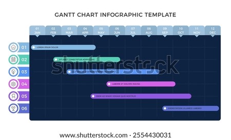 Gantt chart infographic template, project timeline with 6 tasks, dark background, vector eps10 illustration