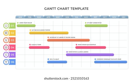 Plantilla de infografía de diagrama de Gantt con seis tareas, infografía de la línea de tiempo del proyecto, ilustración de Vector eps10