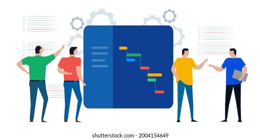 gantt chart large board of project schedule with waterfall software development methodology people discuss 