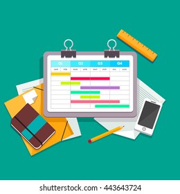 Gantt Chart Planning Prozessdokument auf einem Papierclip liegt neben anderen Dokumenten, Dateien, Telefon und persönlichem Notebook. Flache Vektorgrafik. 