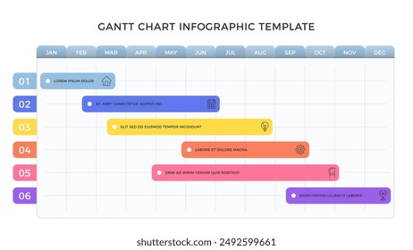 Gantt chart, project plan with 6 tasks, timeline infographic template, vector eps10 illustration