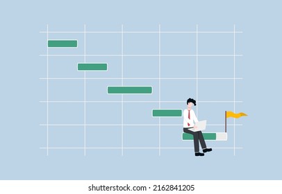 Gantt chart for project planing, task management, executing workflow for business success concept. Businessman working with laptop computer sitting on last horizontal bar of project Gantt chart.