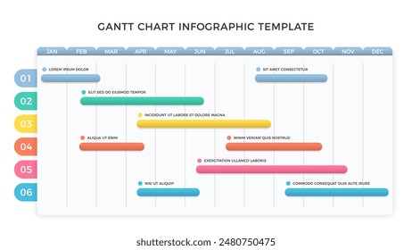 Diagrama de Gantt - Plantilla infográfica de la línea de tiempo del proyecto con 6 tareas, ilustración de Vector eps10