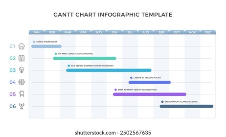 Gantt chart - project timeline infographic template with 6 tasks, vector eps10 illustration