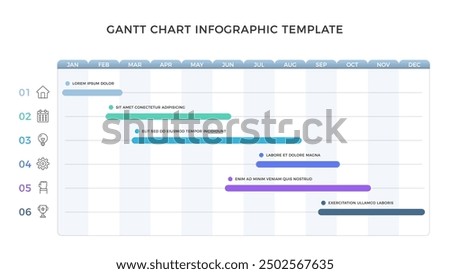 Gantt chart - project timeline infographic template with 6 tasks, vector eps10 illustration