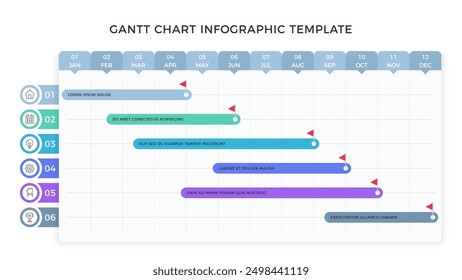 Gantt chart template, project plan with 6 tasks, timeline infographic template, vector eps10 illustration