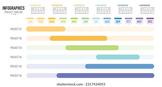 Calendario de la gráfica de Gantt 12 meses plantilla o elemento infográfico con 6 pasos, proceso, opción, proyecto, barra colorida, diapositiva de rectángulo en venta, planificador, programación, diagrama de flujo, flujo de trabajo, calendario, web