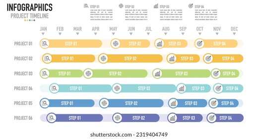 Gantt chart timeline 12 months infographic template or element with 6 project and 4 step, process, option, colorful bar, minimal style for sale slide, planner, schedule, agenda, flowchart, workflow