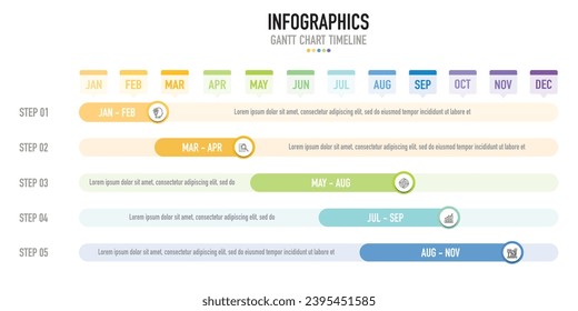 Gantt chart timeline 12 months infographic template, element with 5 process, step, option, colorful bar, arrow, minimal, modern style for sale slide, planner, workflow, roadmap, web, organization 2024