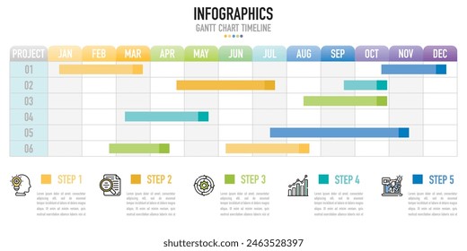 Gantt chart timeline 12 months infographic template or element with 6 project, process, step, option, colorful bar, arrow, minimal, modern style for sale slide, planner, workflow, roadmap, web