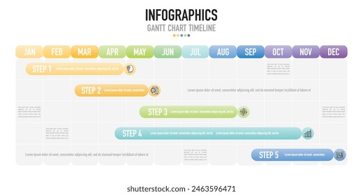 Gantt chart timeline 12 months infographic template or element with 5 project, process, step, option, colorful bar, arrow, minimal, modern style for sale slide, planner, workflow, roadmap, web