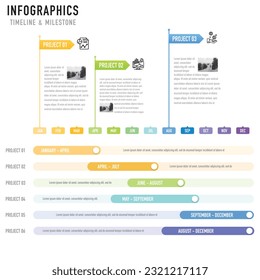 Gantt chart timeline infographic template or element with 6 project, step, process, option, colorful bar, flag, button, arrow, minimal style for sale slide, flowchart, planner, schedule, workflow, web