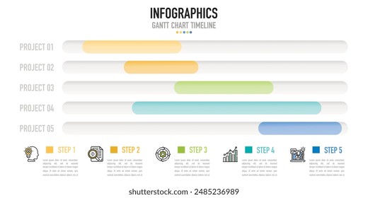 Gantt chart timeline infographic template or element with 5 project, process, step, option, colorful bar, arrow, minimal, modern style for sale slide, planner, workflow, roadmap, web