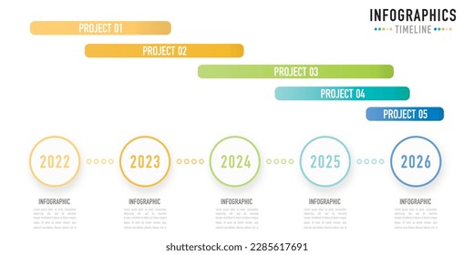 Gantt timeline infographic template, element with 5 year, step, process, option, 2022 to 2026, colorful circle, button, paper origami, tag, rectangle, bar, flat, for planner, sale slide, minimal style