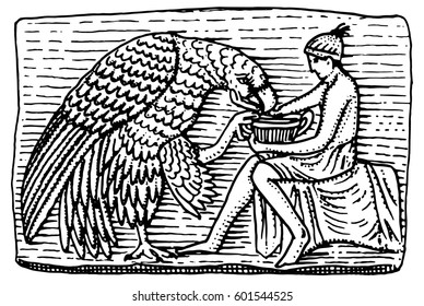 Ganymede  and eagle ancient, antique scene vintage, engraved hand drawn in sketch or wood cut style, old looking retro