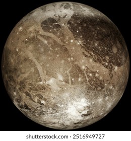 Ganymede. Jupiter's moon Ganymede on a black background. Texture map of the spherical surface of Jupiter's moon Ganymede.