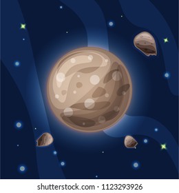 ganymede, vector cartoon illustration. The largest and massive moon of Jupiter, Ganimed, of Solar system in dark deep blue space, isolated on blue background