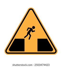 Gap ahead warning. Yellow triangular sign. Running person symbol. Vector safety icon.