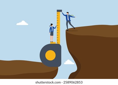 Gap analysis, business people measuring gap between cliff.