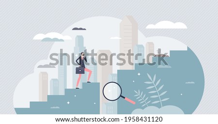 Gap analysis as cautious businessman obstacle evaluation tiny person concept. Barrier measurement as business future risk research vector illustration. Problem overcome and challenge forecasting.