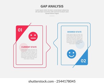 GAP Analyse Infografik Umriss Stil mit 2-Punkt-Vergleich Vorlage mit kreativen Box mit Lesezeichen-Abzeichen auf der Seite für Folie Präsentation Vektor