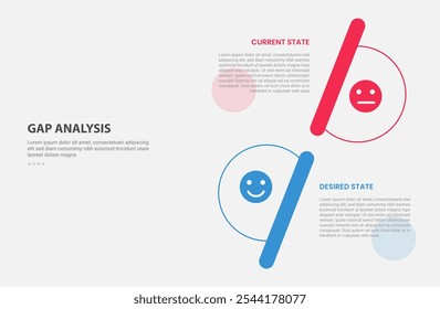 GAP Analysis-Infografik-Gliederungsstil mit 2-Punkt-Vergleichsvorlage mit Halbkreis-Vertikalstapelform entgegengesetzt zur Richtung für Folienpräsentationsvektor