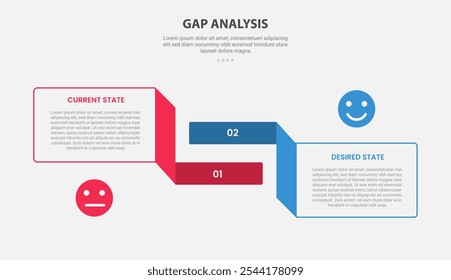 GAP Analysis estilo de esquema de infografía con Plantilla de comparación de 2 puntos con caja rectangular y cinta volteada para Vector de presentación de diapositivas