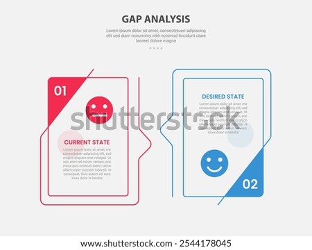 GAP Analysis infographic outline style with 2 point comparison template with creative box with bookmark badge on side for slide presentation vector