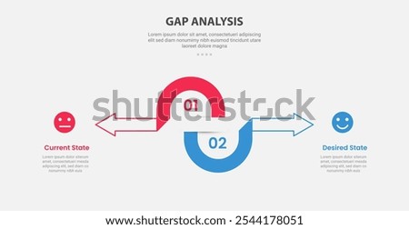 GAP Analysis infographic outline style with 2 point comparison template with half circle and arrow opposite direction for slide presentation vector