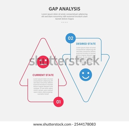 GAP Analysis infographic outline style with 2 point comparison template with big arrow ups and down opposite direction for slide presentation vector