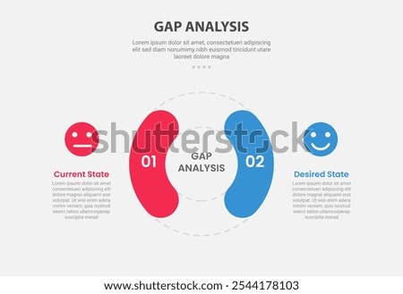 GAP Analysis infographic outline style with 2 point comparison template with big circle base with round shape opposite for slide presentation vector