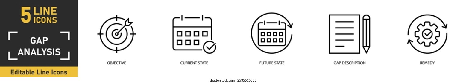 Conjunto de ícones de linha Análise de lacunas. Conjunto de 5 ícones de estrutura de tópicos relacionados ao objetivo, estado atual, estado futuro, descrição da lacuna, solução e muito mais. Ilustração vetorial.