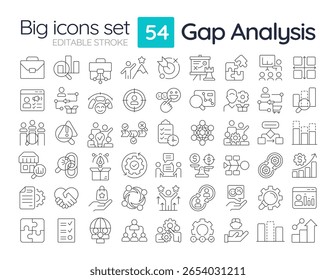 Gap analysis line icons set. Research difference between current and future performance. Organization change. Isolated vector outline illustrations. Thin lineart iconset symbols. Editable stroke