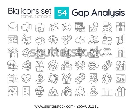 Gap analysis line icons set. Research difference between current and future performance. Organization change. Isolated vector outline illustrations. Thin lineart iconset symbols. Editable stroke