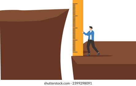Gap analysis, measuring resources and strategy to reach target, comparison between current state, challenge and obstacle to overcome to success concept, businessman measuring gap between cliff.


