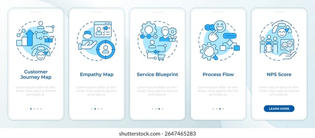 Gap analysis tools blue onboarding mobile app screen. Performance. Walkthrough 5 steps editable graphic instructions with linear concepts. UI, UX, GUI