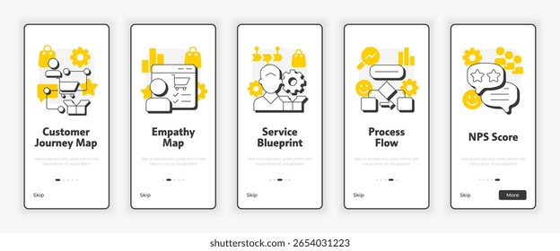 Ferramentas de análise de lacunas para tela de integração móvel. Ilustração da UI do UX para aprimoramento do desempenho corporativo. Ícones de estilo de estrutura de tópicos plana com acento amarelo