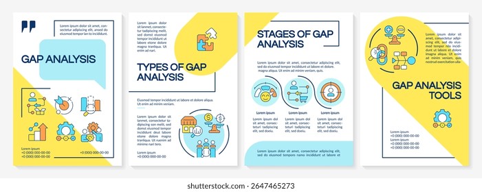 Gap analysis yellow and blue brochure layout. Types, stages and tools of business research. Leaflet advertising design with color line icons. Editable 4 pages
