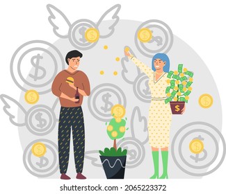 Gap Between Rich And Poor. Rich Happy Woman Scatter Money, Unhappy Poor Man Eats Cheap Fast Food. Financial Success Concept With Unemployed Penniless Person And Wealthy Lady. Financial Superiority